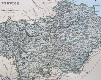 1901 County of Berwick Original Antique Map - Scottish County, Cartography, Scotland - Available Matted and Framed