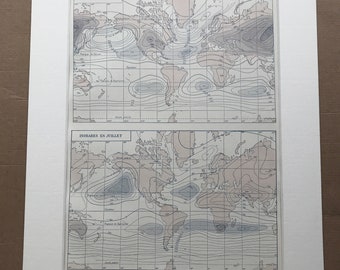 1931 Isobars in January and July Original Antique Map - Meteorology - Weather - Mounted and Matted - Available Framed