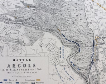 1875 Battle of Arcole, November 1796, First Day, Original Antique Map - French - Austrian - Battle Map - Military History - Available Framed