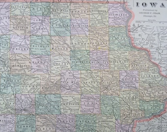 1901 IOWA Large Original Antique Map, 22.5 x 14.5 inches, Home Decor, Cartography, Geography, Vintage Decor, US State Map