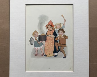 1917 Pease Pudding Hot Original Vintage Margaret W. Tarrant Illustration - Matted and Available Framed - Nursery Rhyme