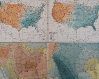 1920 United States Climate Extra Large Original Antique Map showing Summer and Winter Rainfall, Temperature and Isobars - Meteorology