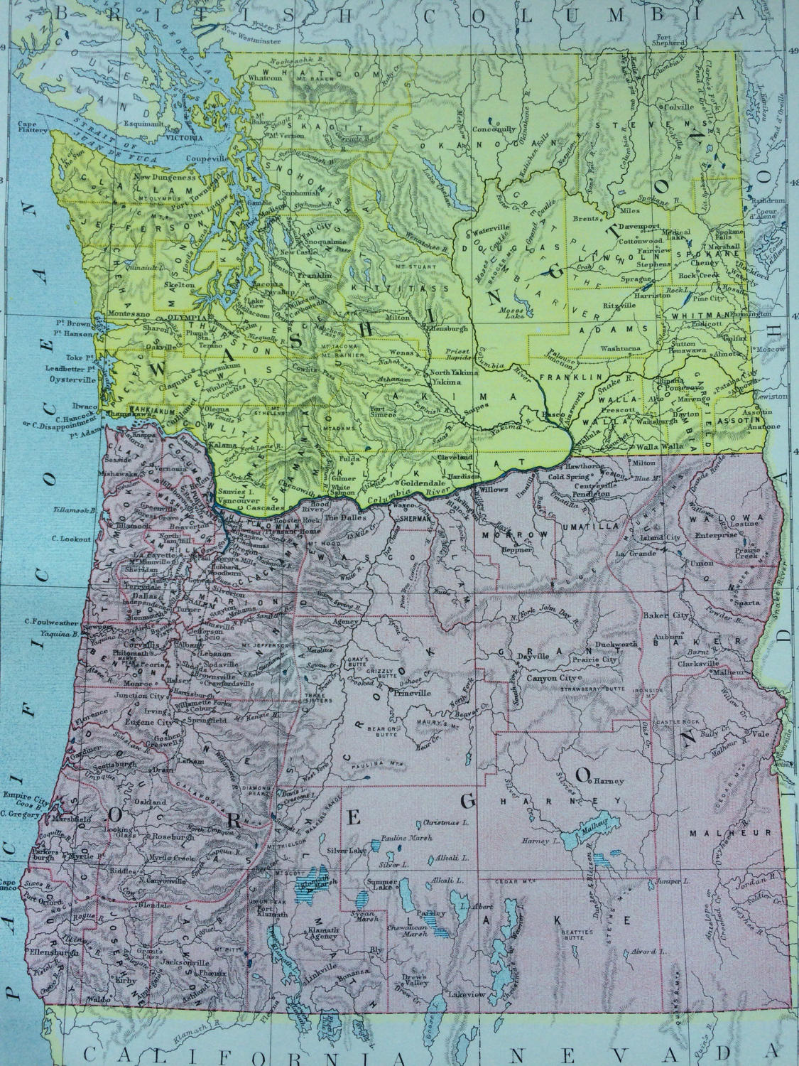 1875 Oregon & Washington original antique map, cartography, geography, wall decor, home decor 