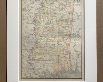 1891 Mississippi Original Antique Map - US State - United States - State Map - Vintage Decor - Available Framed