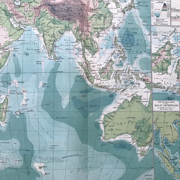 1903 Indischer Ozean - Kabel und Ozeantiefen Große Original Antike Karte mit eingeschlagenen Landkarten des malayischen Inselgruppe - Sargossa Meer