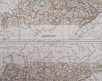 1898 Kentucky and Tennessee Large Original Antique A & C Black Map - United States - Victorian Wall Decor - Wedding Gift Idea