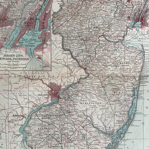 Carte ancienne originale du New Jersey de 1903 avec carte en médaillon de Jersey City, Newark, Paterson et environs - carte de l'État des États-Unis - NJ - carte murale - décoration d'intérieur