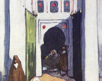 1904 A House Interior, Marrakesh - Morocco Original Antique Print - Moroccan Landscape - Morocco - Mounted and Matted - Available Framed