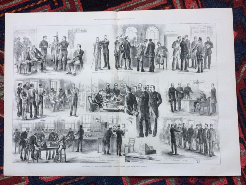 1883 Sketches in Scotland Yard London Police The Metropolitan and Detective Police Large Original Antique Engraving Victorian Decor