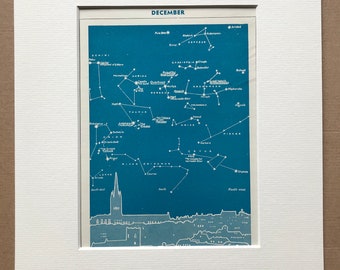 1940s December Star Map seen over Norwich Original Vintage Print - Mounted and Matted - Astronomy - Celestial Art - Available Framed