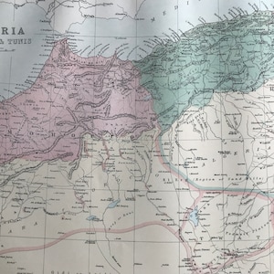 Grande carte noire originale de l'Algérie, du Maroc et de la Tunisie de 1876 - Cartographie - Carte murale vintage - Tunisie - Carte de l'Afrique du Nord