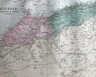 1876 Algeria, Morocco and Tunis Large Original Antique A & C Black Map - Cartography - Vintage Wall Map - Tunisia - North Africa Map