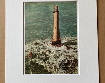 1940s Bishop Rock Lighthouse, Scilly Isles - Lifeboat rescues Visitors Original Vintage Print - Mounted and Matted - Available Framed