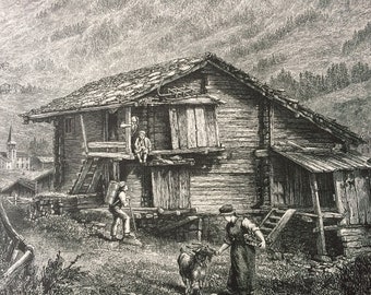 1876 A Glimpse of Zermatt Original Antique Wood Engraving - Alps - Switzerland - Mounted and Matted - Available Framed