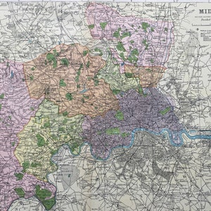 1902 Midersex Original Antike Landkarte mit Eisenbahnen, Bahnhöfen, Kreuzungen, Kanälen - Große Wandkarte - England
