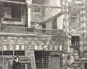 1883 Original Antique Engraving - The Cholera in Egypt: Scene in the Courtyard of a house in Cairo - Victorian Decor - Egyptian History