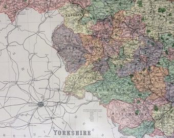 1868 Yorkshire (Southwest) Large Original Antique Map showing railways, roads & parliamentary divisions - UK County - Wall Map