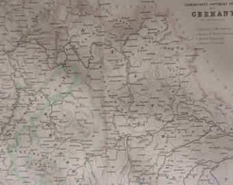 1871 Germany (Independent Southern States) Original Antique Map showing railways in operation, in progress and proposed - Index of States