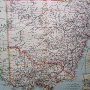 1903 Australie du Sud-Est, grande carte ancienne originale avec encarts de Port Philip, Port Adelaide et Port Jackson, Nouvelle-Galles du Sud et Victoria