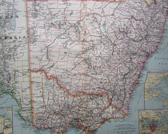 1903 South-East Australia Large Original Antique Map with insets of Port Philip, Port Adelaide and Port Jackson, New South Wales & Victoria