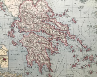 1903 Greece, Crete & The Archipelago Large Original Antique Map showing railways, submarine cables, steamer routes and heights - Crete