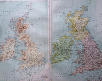 1898 BRITISH ISLES (Political & Physical) Large Original Antique Map, 14 x 18.5 inches, historical wall decor, Bartholomew map, Home Decor