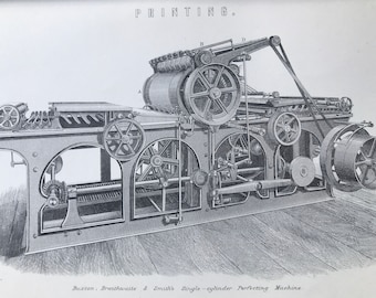 1891 Single-Cylinder Perfecting Machine Original Antique Print - Printing Machinery - Printer - Technical Diagram - Available Framed
