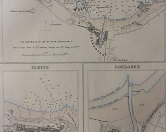 1871 Ports and Harbours on the Coast of France Original Antique Map - Cherbourg - Dieppe - Boulogne - French History - Cartography