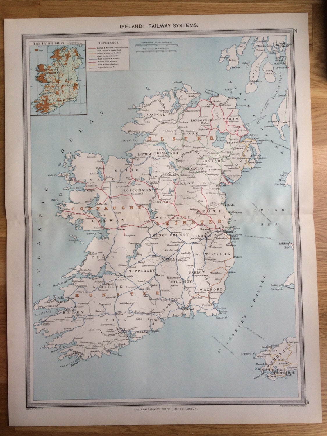 1903 Ireland Railway Systems Large Original Antique Map with inset map
