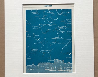 1940s August Star Map seen over Bristol Original Vintage Print - Mounted and Matted - Astronomy - Celestial Art - Available Framed