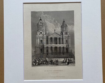 1836 St Pauls Cathedral - The Western Front Original Antique Engraving - London - Architecture - Mounted and Matted - Available Framed