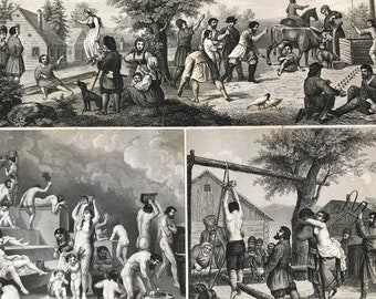 1849 European Village Culture - Bathing - Flogging Punishment Large Original Antique Engraving - Mounted and Matted - Available Framed