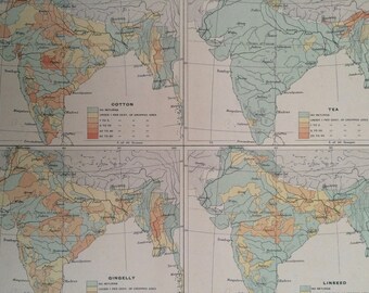 1908 India (Agricultural Products) Original Antique Map - Available Matted and Framed - Tea Cotton Linseed Gingelly - Farming - Agriculture