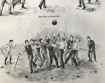 1895 Ball Games for Children Original Antique Print - Mounted & Matted - Sling Ball, Gauball, Shlaglaufen - Sports Decor - Available Framed