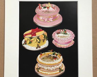 1937 Christmas Cakes Original Vintage Print - Baking - Chef - Baker - Confectionary - Kitchen Decor - Mounted and Matted - Available Framed