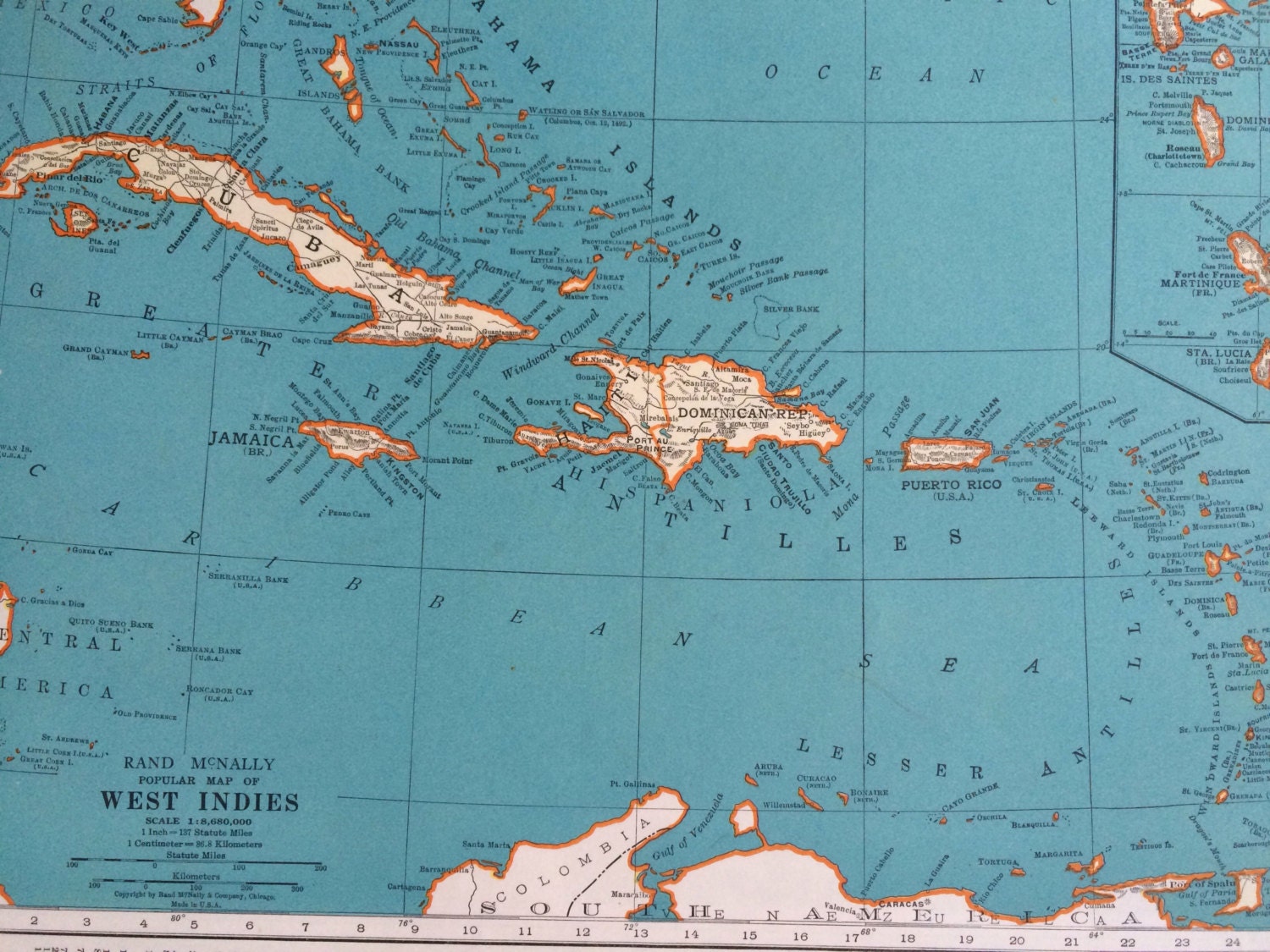 1937 CUBA Original Vintage Map, 11 x 14 inches, Rand McNally, Home ...