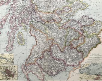 1903 The Scottish Lowlands Original Antique Map with inset maps of the Glasgow District, The Edinburgh District and the Clyde - Scotland