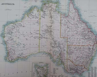 1898 Australia Extra Large Original Antique A & C Black Map with inset map of Tasmania - Australian Counties - Australasia - Wall Decor