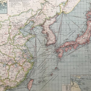 1903 Der Ferne Osten: Industrie und Kommunikation Original Antike Landkarte mit Nebenkarten von Port Arthur & Dalni, Tokyo Bay und Shanghai
