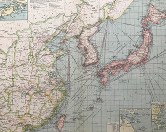 1903 The Far East: Industries and Communications Original Antique Map with inset maps of Port Arthur & Dalni, Tokyo Bay and Shanghai