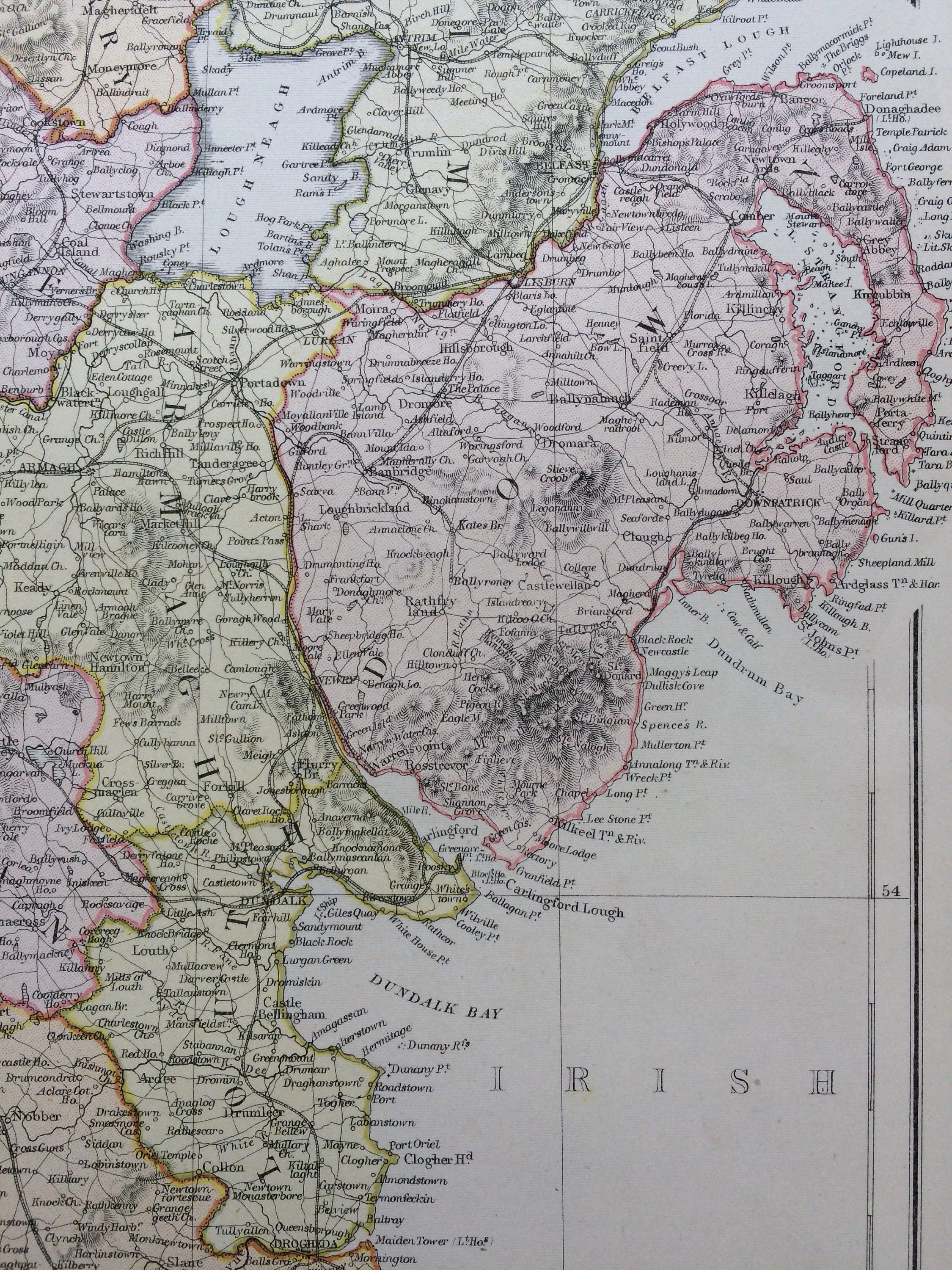 1882 IRELAND (North) Large Original Antique Map, 15 x 22 inches, Home