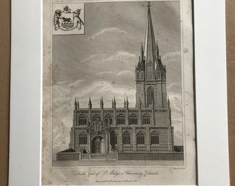 1821 South View of St Mary's or University Church Original Antique Copperplate Engraving - Oxford - Available Matted and Framed