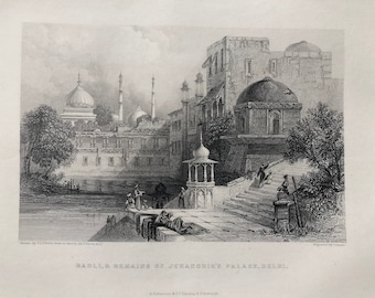 1871 Baoli & Remains of Jehanghir's Palace, Delhi Original Antique Steel Engraving - India - Mounted and Matted - Available Framed