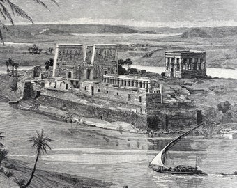 1880 General view of Philae, taken from Bibbeh Original Antique Engraving - Egypt - Mounted and Matted - Available Framed