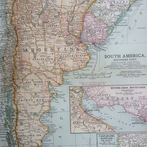 1903 Südamerika (südlicher Teil) Original große antike Landkarte mit Nebenkarten der wichtigsten Städte - Argentinien, Chile, Uruguay, Paraguay