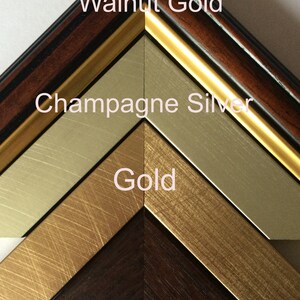 K&ouml;nnte beinhalten: Nahaufnahme von vier verschiedenen Bilderrahmenmustern. Die Rahmen sind mit "Walnut Gold", "Champagne Silver", "Gold" und "Dark Rosewood" beschriftet. Die Rahmen sind abgewinkelt, um die verschiedenen Farben und Texturen zu zeigen.