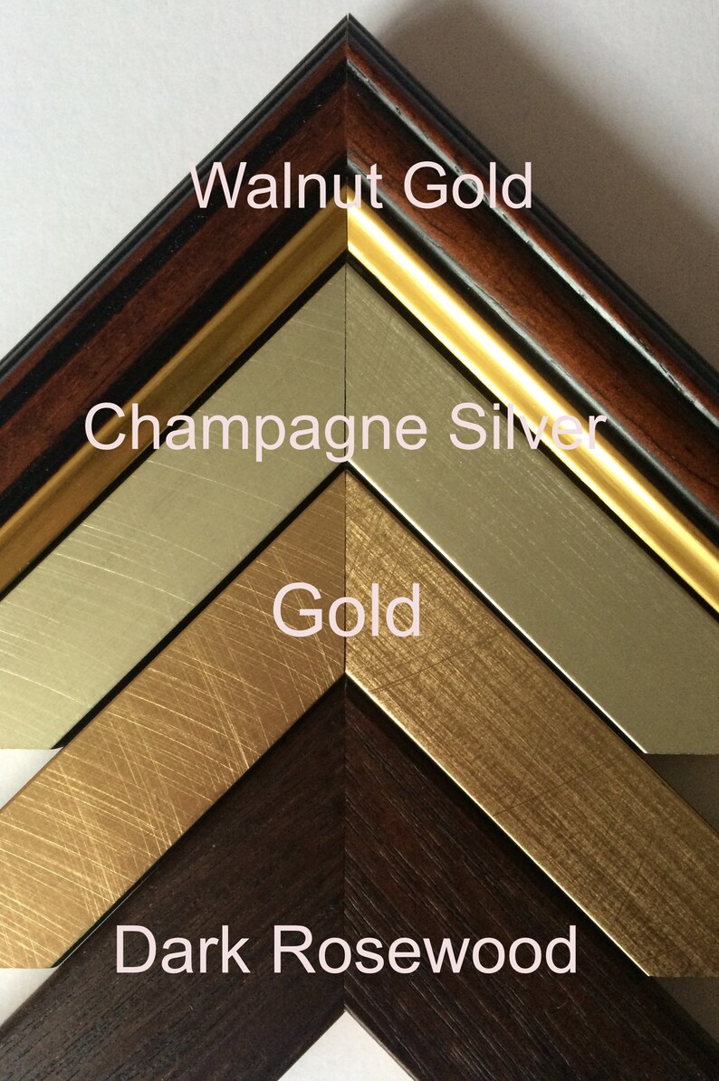 K&ouml;nnte beinhalten: Nahaufnahme von vier verschiedenen Bilderrahmenmustern. Die Rahmen sind mit "Walnut Gold", "Champagne Silver", "Gold" und "Dark Rosewood" beschriftet. Die Rahmen sind abgewinkelt, um die verschiedenen Farben und Texturen zu zeigen.