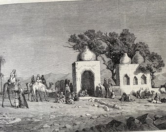 1864 Caravan arriving at a well near Thebes, Egypt - by Mrs Roberton Blane Original Antique Engraving - Available Framed