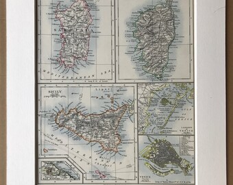 1901 Sardinia, Corsica, Sicily, San Marino, Venice Original Antique Map - Mounted and Matted - Available Framed