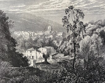 1876 The Vale of Royat Original Antique Wood Engraving - Mounted and Matted - France - Landscape - Available Framed
